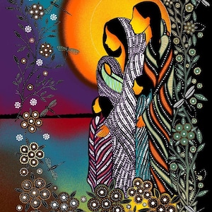 May include: A vibrant digital illustration featuring three figures wrapped in patterned, multi-colored robes standing before a large, glowing orange sun. The scene is framed by intricate floral vines and dragonflies against a dark background.