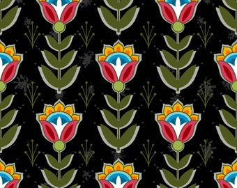 Telas estampadas con motivos florales autóctonos, disponibles cortadas a medida en negro, morado, verde, blanco y gris, con detalles florales en arcoíris. NEGRO DISPONIBLE DE NUEVO.