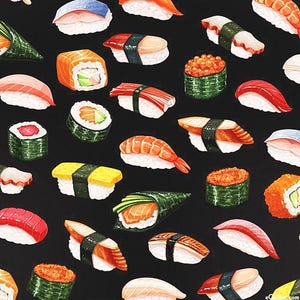 May include: A pattern of various sushi pieces on a black background. The sushi includes nigiri, maki rolls, and temaki, with ingredients like salmon, tuna, shrimp, and roe. The sushi is colorful and detailed, with a watercolor style.