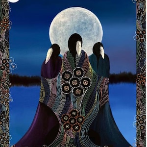 May include: An Indigenous-style painting depicts three figures in dark robes, standing before a large, bright moon. The figures are adorned with intricate patterns and hold a central design. The background features a dark blue sky and a body of water, framed by a decorative border.