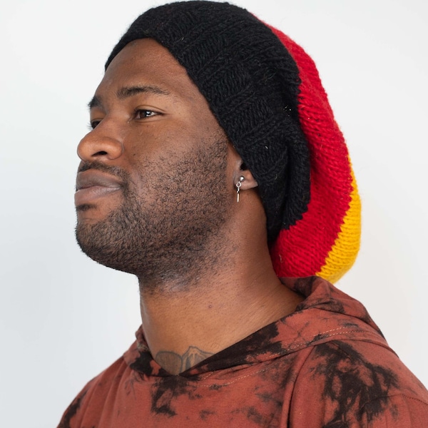 Rasta Reggae Hand Knitted Beanie, Rastafari Striped Beanie, 100% Wool