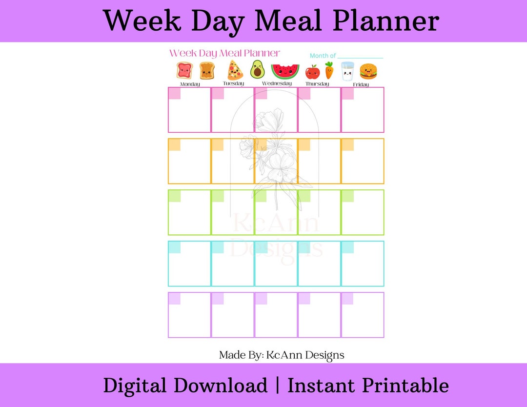 Week Day Meal Planner | Meal Prep | Planner| Printable Download | Food
