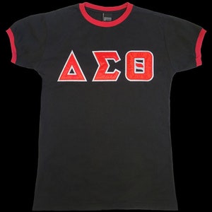 Delta Sigma Theta Sorority Ringer T-shirt- Satin Letters-Black