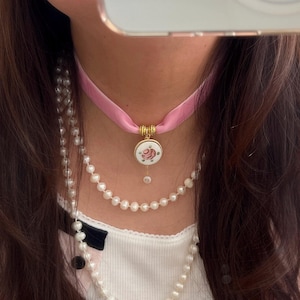 Pink Velvet Choker Necklace with Vintage Guilloche Pendant