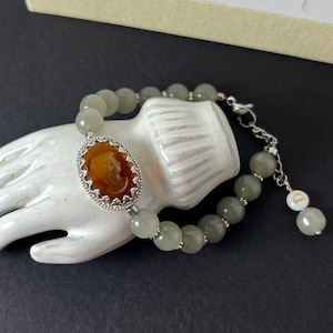 Grey Glass Beads Bracelet with Vintage German Glass Intaglio