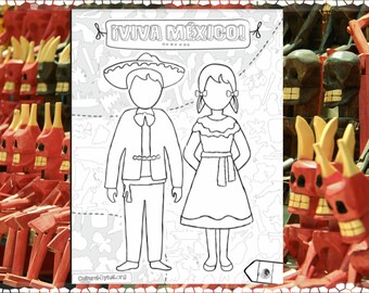 MEXICO Coloring Page + Coloring Guide DOWNLOADABLE Print / Traje Mexicano Para Colorear con Pagina de Guia
