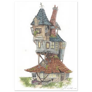 May include: A watercolor illustration of a tall, multi-story house with a wide, red-tiled roof base and a narrow, vertical upper structure. The building features wooden siding, a tall brick chimney, dark shingled roofs, and multiple windows.