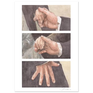 May include: A watercolour painting featuring three horizontal panels. The top and middle panels show two hands interacting, while the bottom panel displays a single hand resting against a dark fabric background. The artwork uses muted tones.