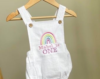 Cake smash romper, rainbow theme birthday, baby is one, embroidered vest, boho rainbow, first birthday outfit, one today, cake smash prop