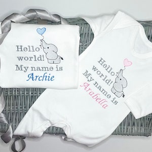 Hello world I'm , personalized baby name announcement grow, baby coming home outfit, embroidered elephant sleepsuit, my name is