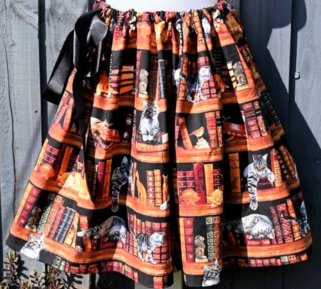Cats in the Library Print Free Size Womens Skirt Cat Lovers Goth