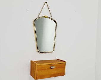 Mid Century asymmetric German brass Original kidney wall mirror with shelf from the 60s model  Rockabilly