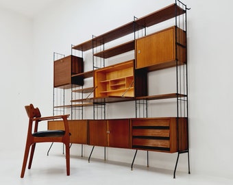 Freestanding string shelf-system unit bookcase teak & metal by Silverschild Germany, 1950s