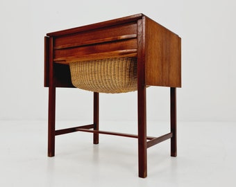 Vintage Danish teak and rattan sewing table/ side table cabinet, 1960s