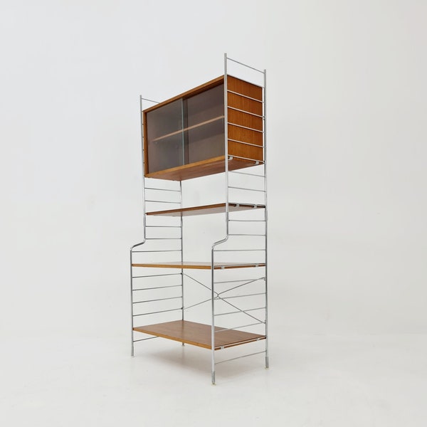 Free standing String shelf system, bookcase with cabinet teak by WHB Germany, 1950s