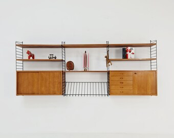 Wall-mounted original Swedish string shelf-system, drawers, bookcase teak by Nils & Kajsa Strinning, 1960s