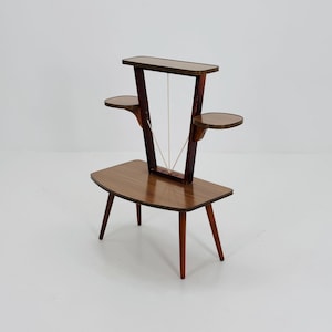 Könnte beinhalten: Ein Pflanzenständer im Mid-Century-Stil mit mehrstufigem Design. Der Ständer hat eine rechteckige Basis mit vier abgewinkelten Beinen, eine zentrale Tragstruktur und drei kreisförmige Regale. Das Holz hat eine warme, braune Oberfläche.