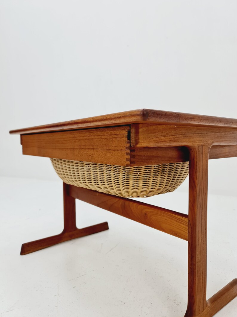 Vintage Danish teak and rattan sewing table/ side table cabinet by Kai Kristiansen for Vildbjerg, 1960s image 3