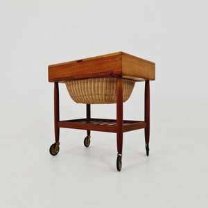 Vintage Danish teak and rattan sewing table/side table cabinet By Ejvid A.johansson for Uitze, 1960s image 4