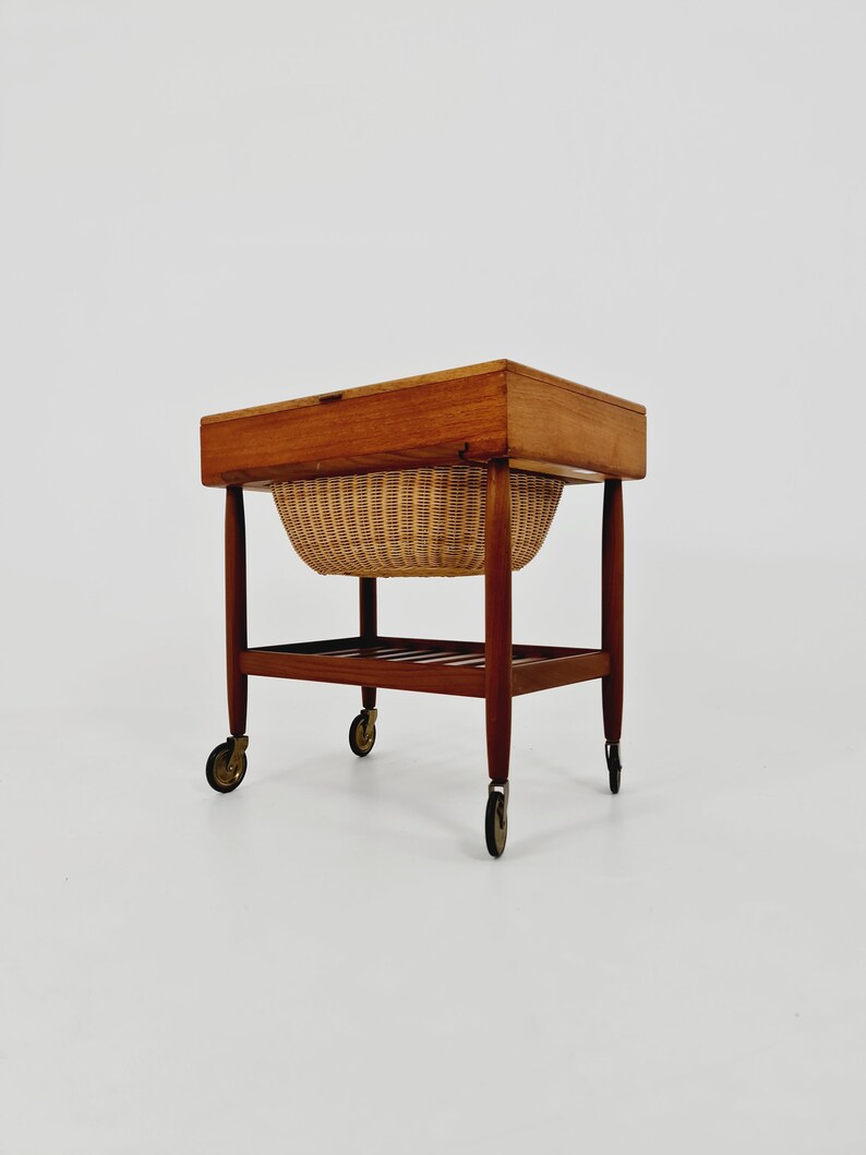 Vintage Danish teak and rattan sewing table/side table cabinet By Ejvid A.johansson for Uitze, 1960s image 4