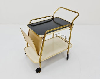 Vintage German mid century trolley bar cart in Brass with Magazine rack 1950s