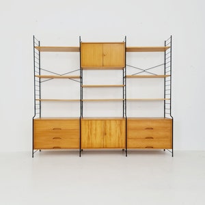 Mid century String shelf system, bookcase with lighting Oak by WHB Germany, 1950s