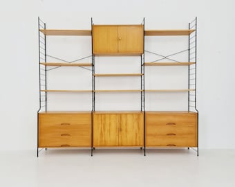 Mid century String shelf system, bookcase with lighting Oak by WHB Germany, 1950s