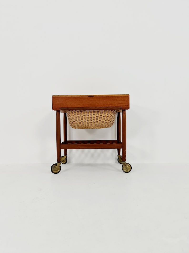 Vintage Danish teak and rattan sewing table/side table cabinet By Ejvid A.johansson for Uitze, 1960s image 2