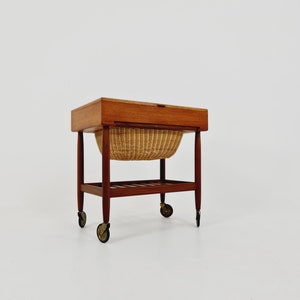 Vintage Danish teak and rattan sewing table/side table cabinet By Ejvid A.johansson for Uitze, 1960s image 3