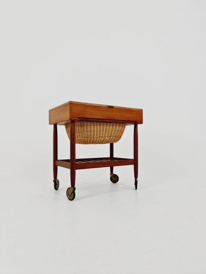 Vintage Danish teak and rattan sewing table/side table cabinet By Ejvid A.johansson for Uitze, 1960s image 3