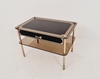 Italian nightstand/ side table in wood, brass and glass from the 60s