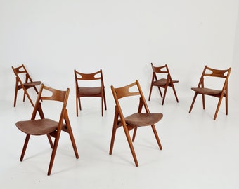 Danish teak with leather seats dining chairs by Hans Wegner for carl Hansen & Son, 1960s, set of 6