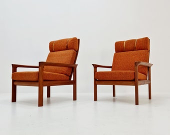 Mid century teak easy lounge high back chairs by Sven Ellekaer for comfort, set of 2, 1960s