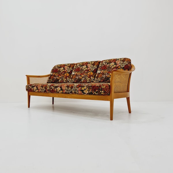 Midcentury  rattan & fabric Sofa by Wilhelm Knoll, Germany, 1950s