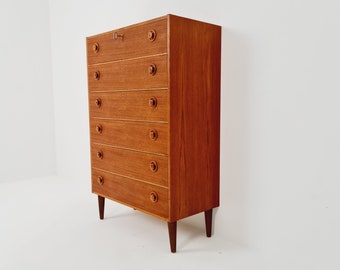 Midcentury danish design chest of drawers / drawer dresser /6 drawers cabinet from the sixties 1960s vintage teak veneer tallboy