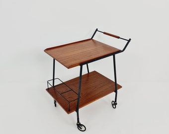 Vintage German mid century trolley bar cart in teak & metal, 1960s