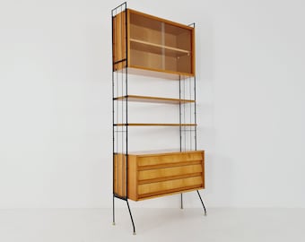 Freestanding string shelf-system unit bookcase Oak & metal by Silverschild Germany, 1950s