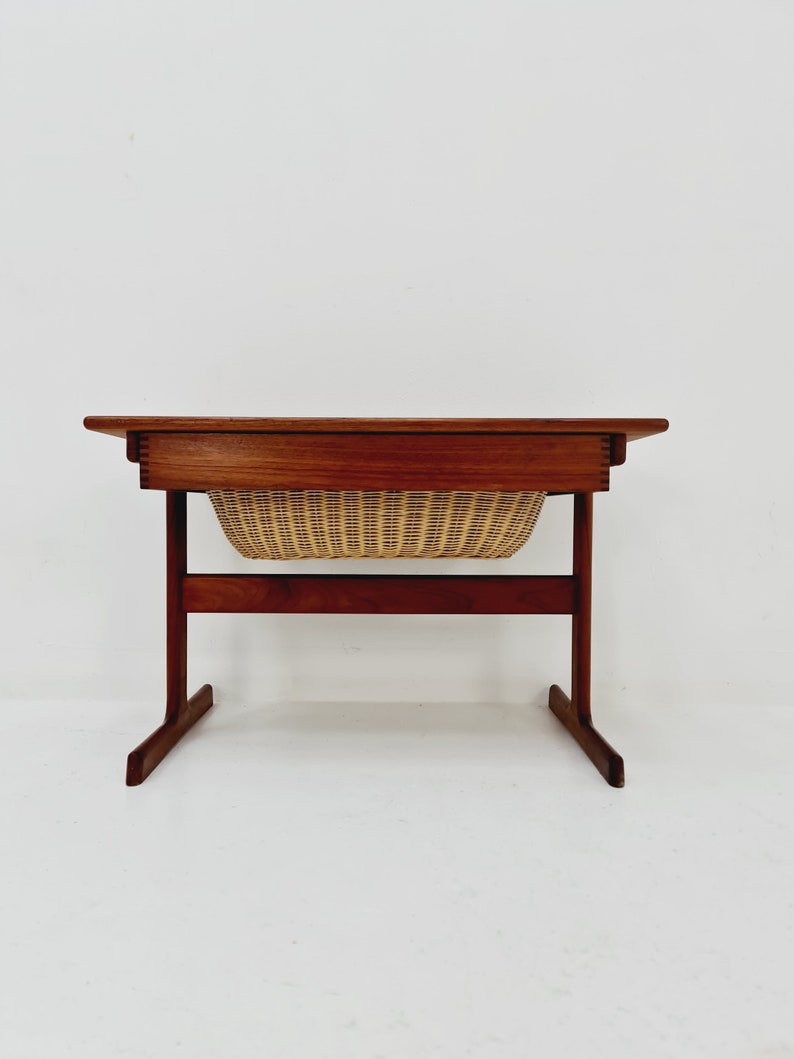 Vintage Danish teak and rattan sewing table/ side table cabinet by Kai Kristiansen for Vildbjerg, 1960s image 8