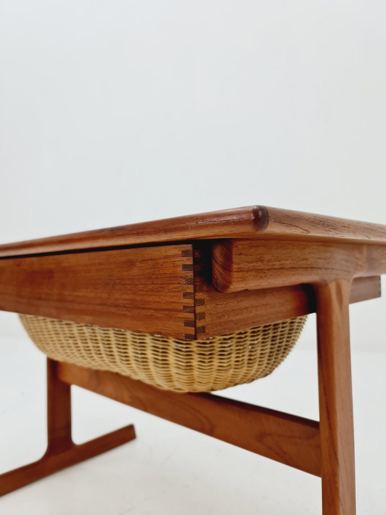 Vintage Danish teak and rattan sewing table/ side table cabinet by Kai Kristiansen for Vildbjerg, 1960s image 4