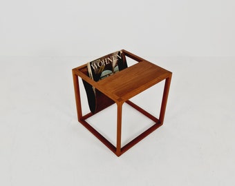 Midcentury Danish teak side table with Magazine Leather Pouch by Aksel kjersgaard  1960s