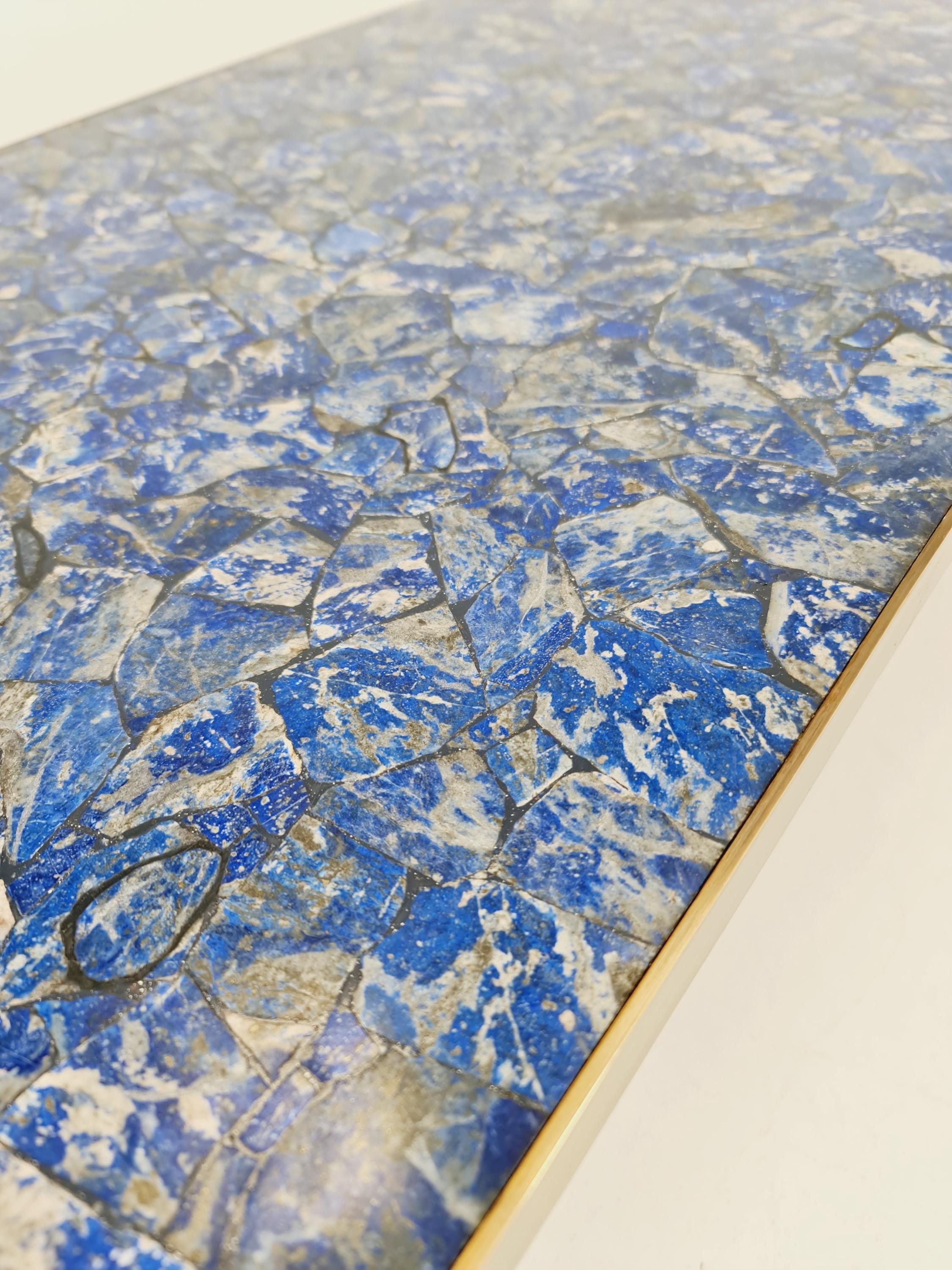 希少　ラピスラズリ　テーブル　座卓　鉱石　大型　 　 XZ 3790 60年代の超希少なヴィンテージラピスラズリ、X脚の真鍮製コーヒー