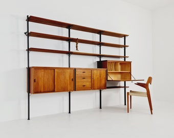 Mid century String shelf system teak & metal by Olof Pira Sweden, 1950s