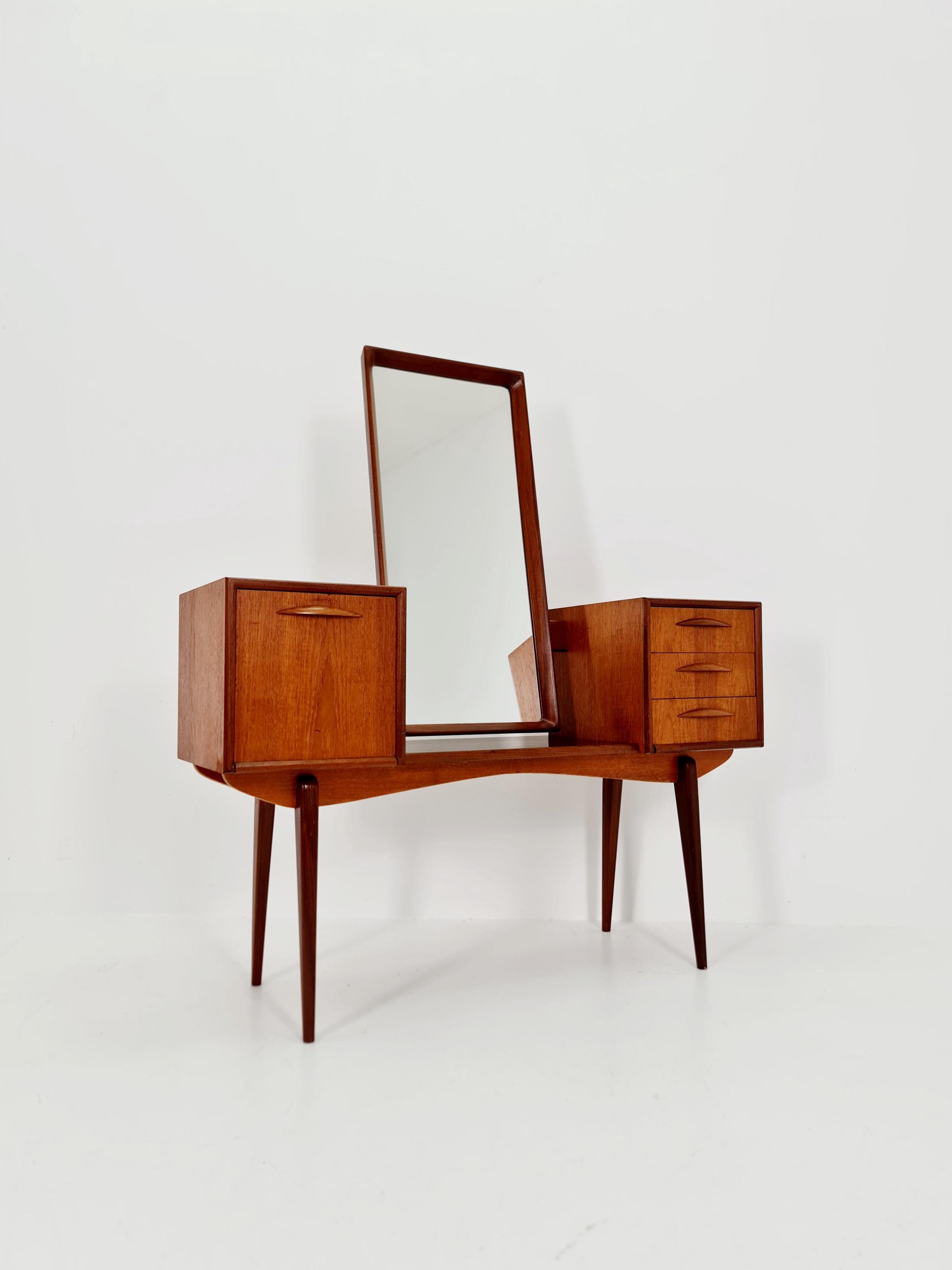 retro teak dressing table Mid Century Modern 1960's Vintage Teak Vanity Dressing Table, Triple Mirrors