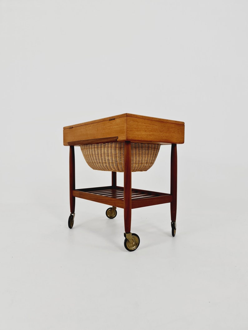 Vintage Danish teak and rattan sewing table/side table cabinet By Ejvid A.johansson for Uitze, 1960s image 9