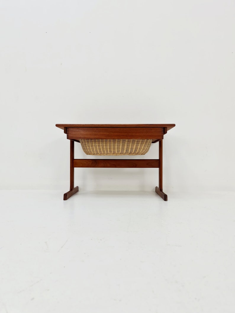 Vintage Danish teak and rattan sewing table/ side table cabinet by Kai Kristiansen for Vildbjerg, 1960s image 7