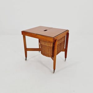 Vintage Danish teak and rattan sewing table/side table cabinet By Asko, 1960s