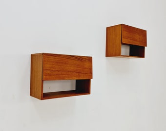 Rare pair of Danish teak floating extendable shelf nightstands, 1960s