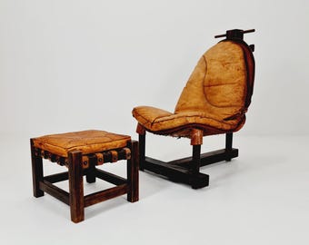 Brutalist Cognac Leather Brazilian Chair and Ottoman 1960s