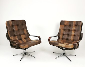 Norwegian westnova High Brown Swivel Lounge Chairs Patchwork Leather, 1970s, set of 2