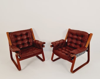 Leather Scandinavian Swedish easy chair, arm chair 1970's, by Carl-Henrik Spark for Ulferts Sweden, set of 2